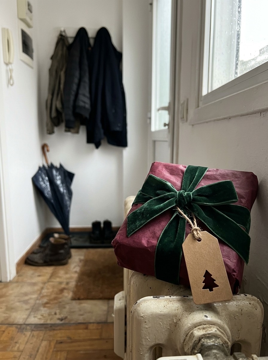 Idea para envolver regalos de Navidad: papel de seda burdeos con lazo de terciopelo
