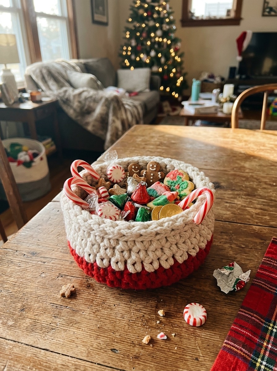 Ganchillo navideño: cestita de ganchillo con dulces