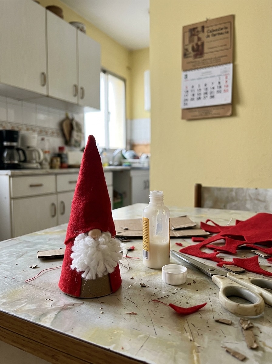 Gnomo navideño DIY: gnomo con cono de cartón y barba de pompones