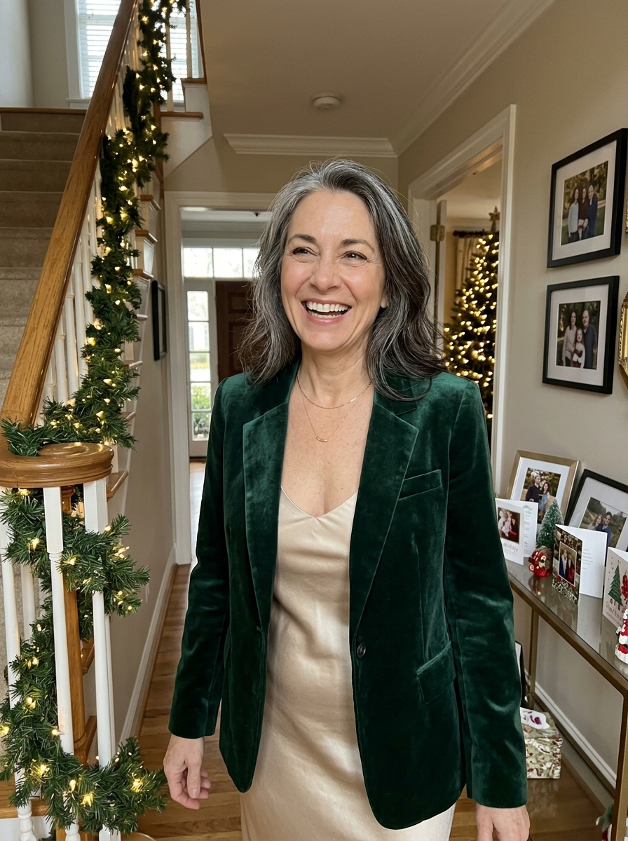 Blazer de terciopelo sobre vestido lencero - look de Nochevieja para mujeres maduras