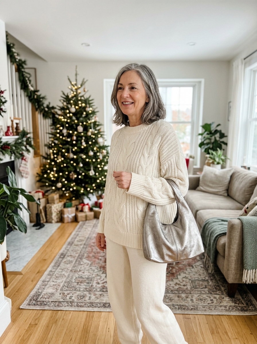 Total look blanco invernal - look de Nochevieja para mujeres maduras