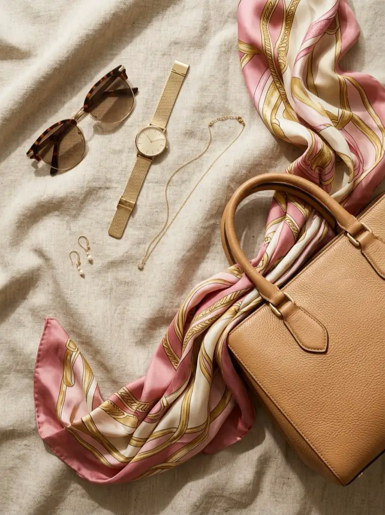 Accesorios elegantes: pañuelo de seda, joyas doradas, bolso de cuero y gafas de sol
