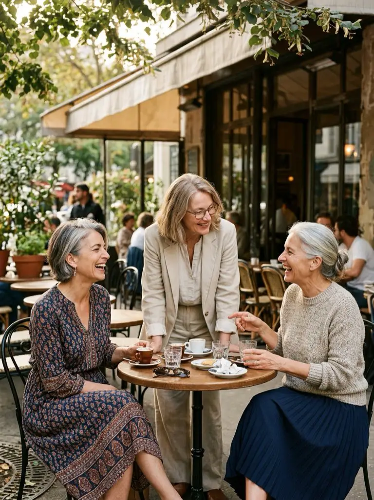 Tres amigas de entre 52 y 66 años riendo, cada una con su propio estilo elegante