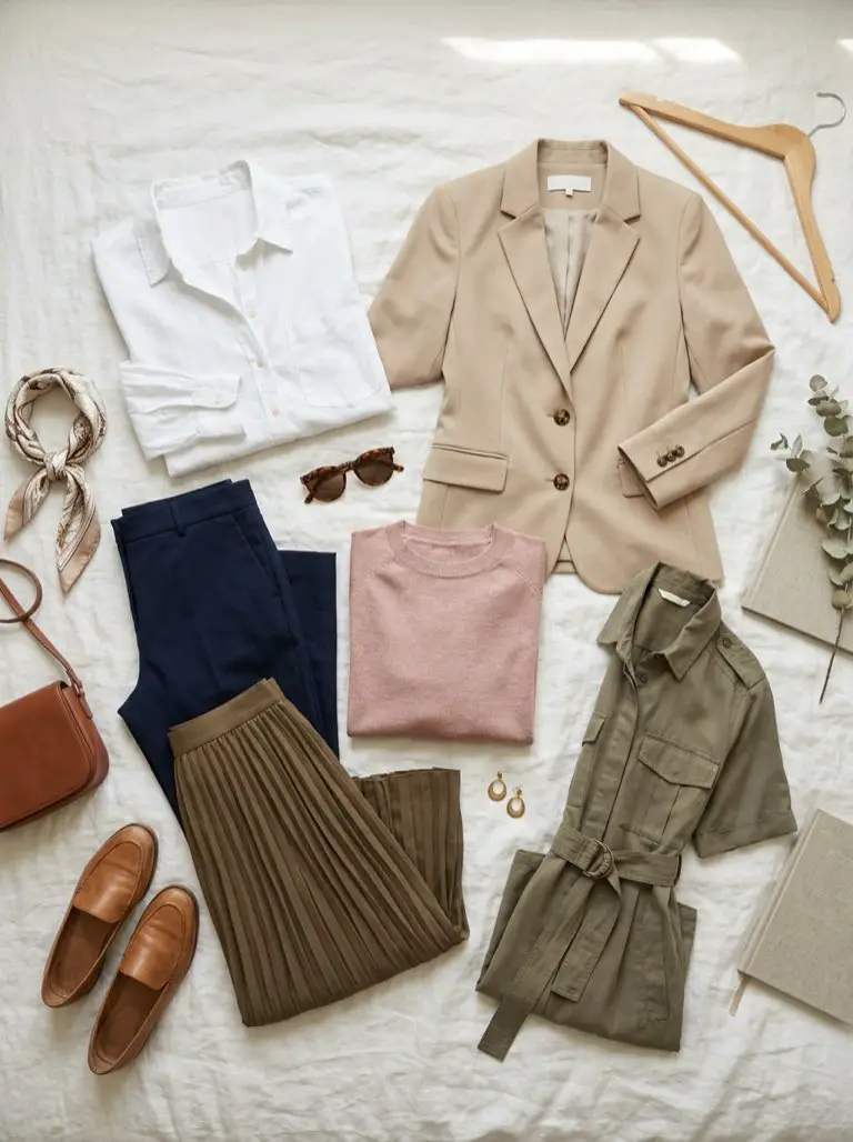 Armario cápsula con camisa blanca, blazer beige, pantalón recto, jersey rosa, falda midi y vestido camisero