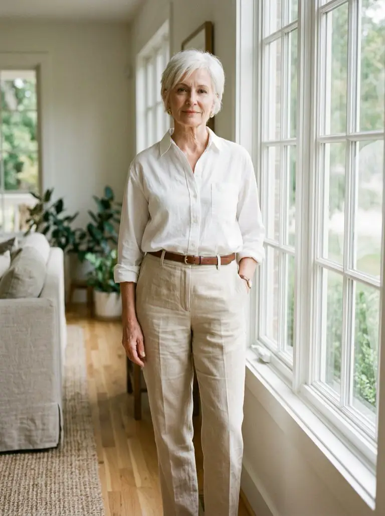 Mujer de 63 años con camisa blanca remangada y pantalón recto beige de talle alto