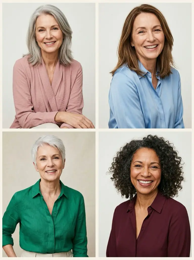 Cuatro mujeres de más de 55 años con blusas en rosa, azul, verde esmeralda y borgoña