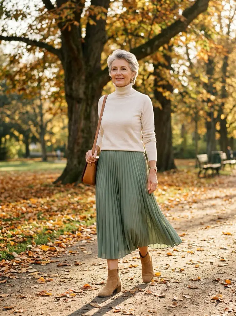 Mujer de 60 años con falda midi plisada verde salvia y jersey de cuello alto crema