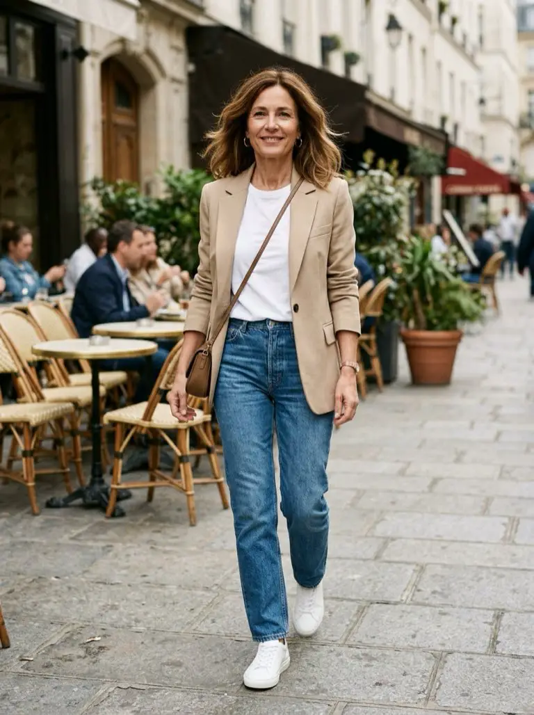 Mujer de 52 años con jeans rectos, blazer beige y zapatillas blancas
