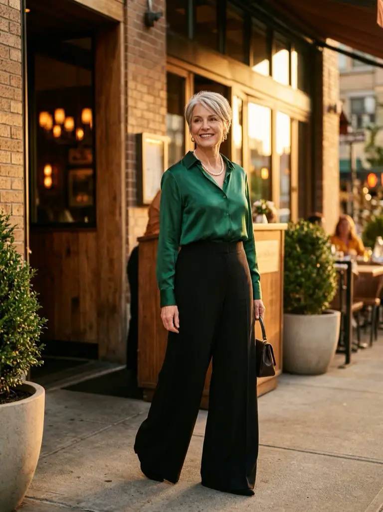 Mujer de 61 años con pantalón palazzo negro, blusa de satén esmeralda y collar de perlas