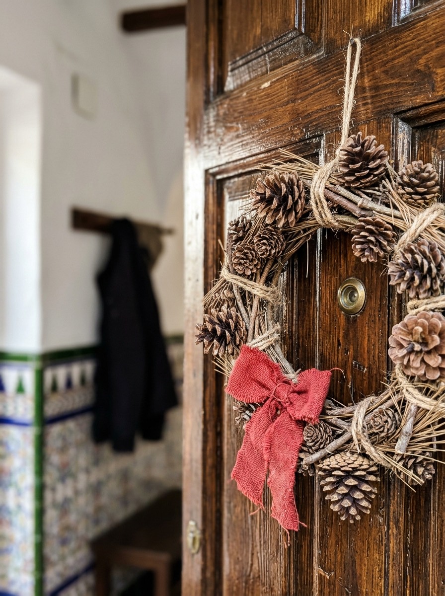 Manualidades con piñas para Navidad: corona de piñas para la puerta de casa