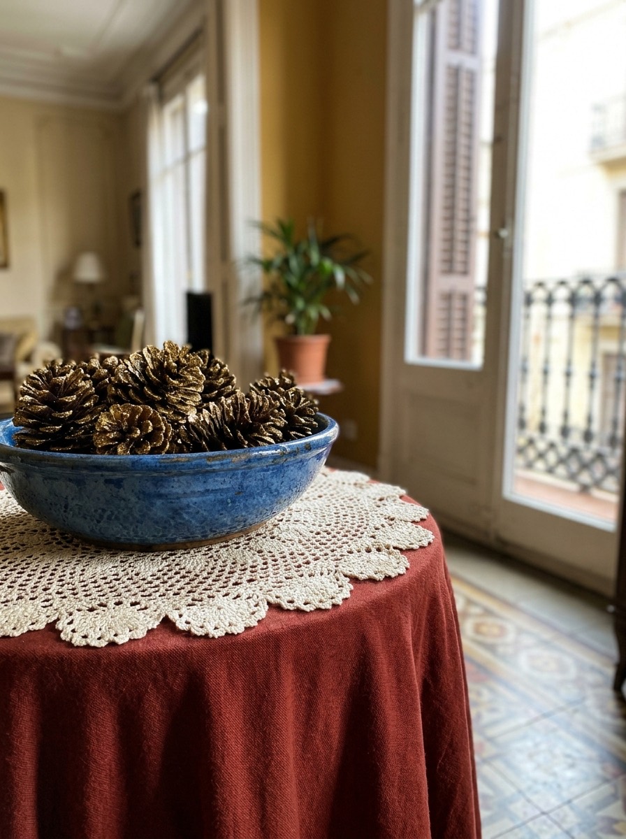 Manualidades con piñas para Navidad: cuenco de cerámica lleno de piñas doradas