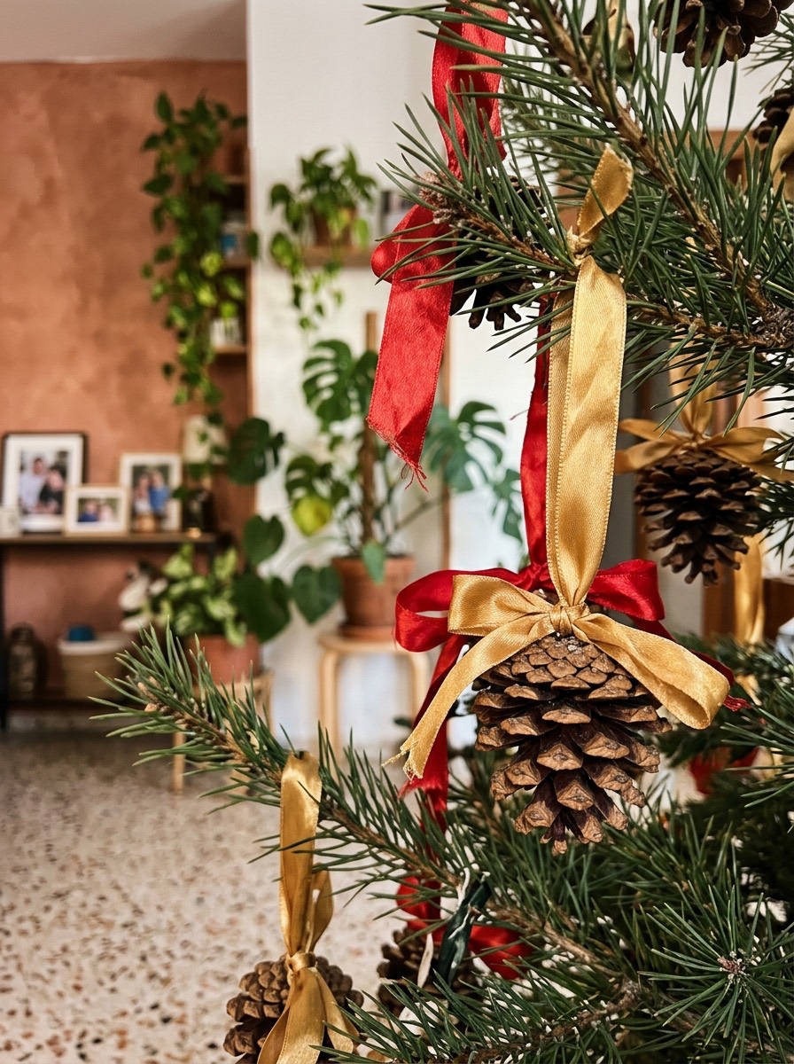 Manualidades con piñas para Navidad: piñas colgadas en el árbol de navidad