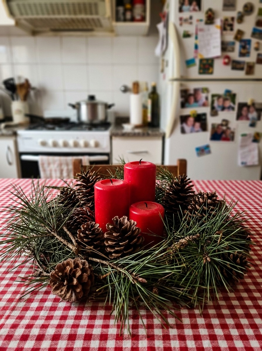 Manualidades con piñas para Navidad: centro de mesa con piñas y velas