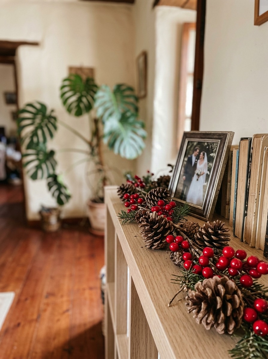Manualidades con piñas para Navidad: guirnalda de piñas y bayas para la repisa