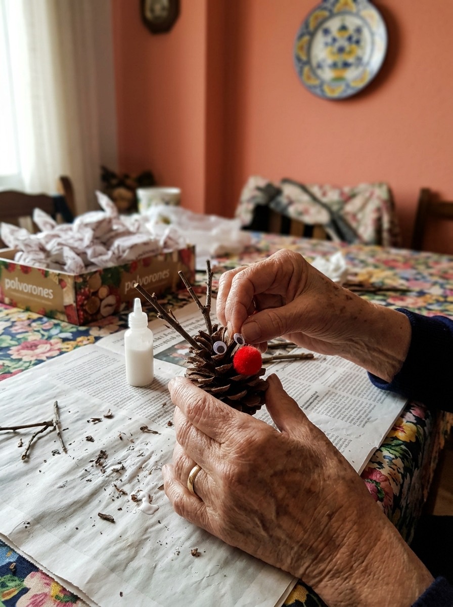 Manualidades con piñas para Navidad: renos con piñas y palitos