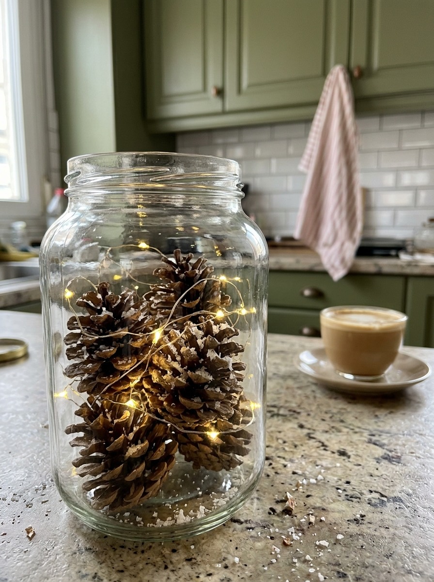 Manualidades con piñas para Navidad: frasco de cristal con piñas y nieve