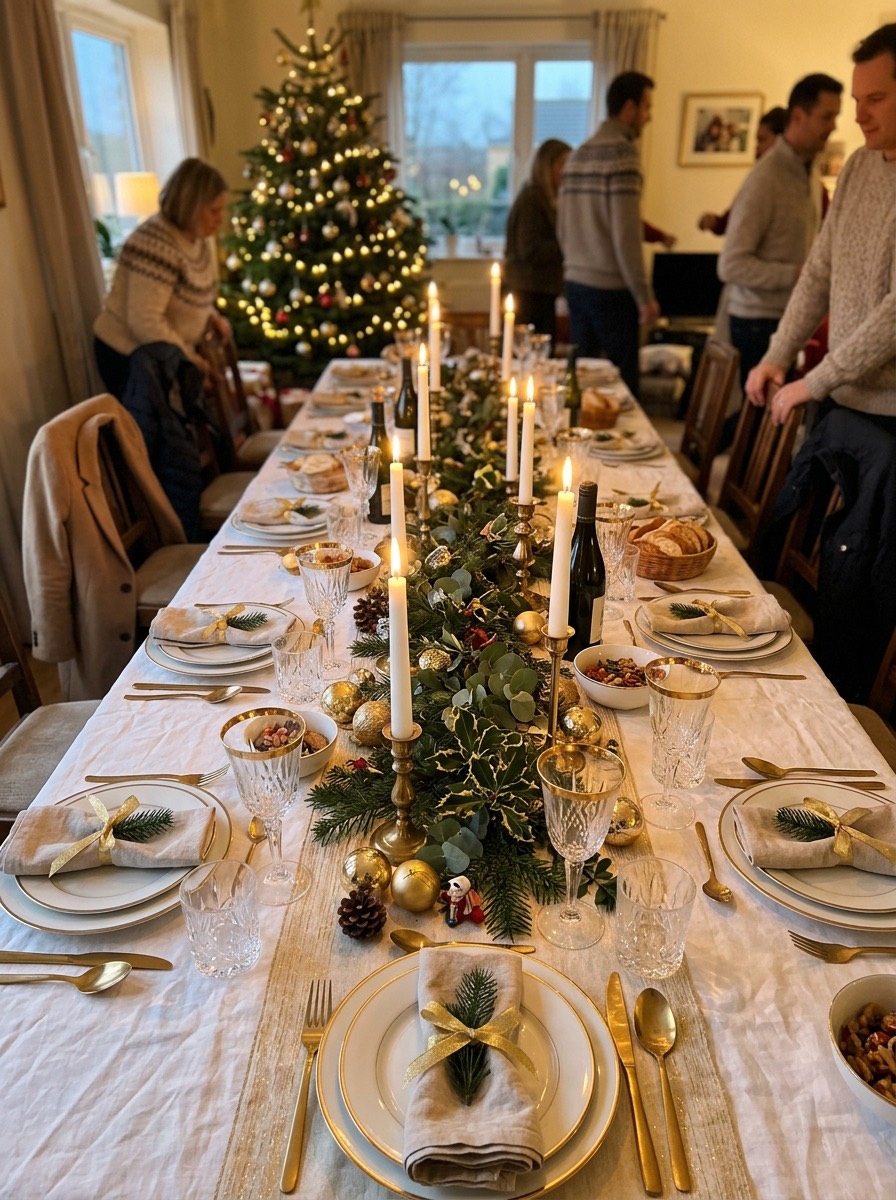 Decoración de mesa de Nochebuena: mesa en blanco y dorado