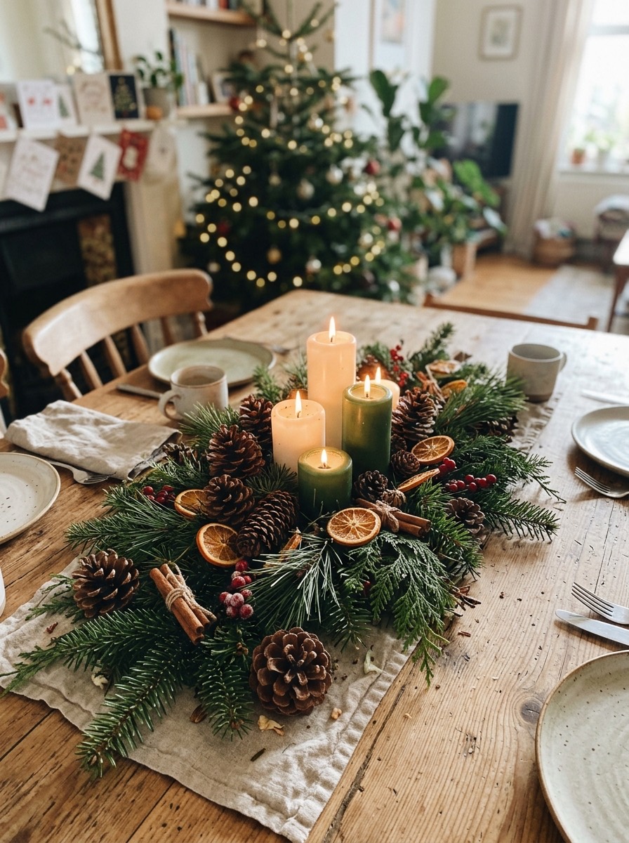 Decoración de mesa de Nochebuena: centro de mesa con velas y piñas