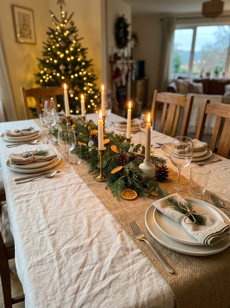 Decoración de mesa de Nochebuena: mantel de lino y camino de yute