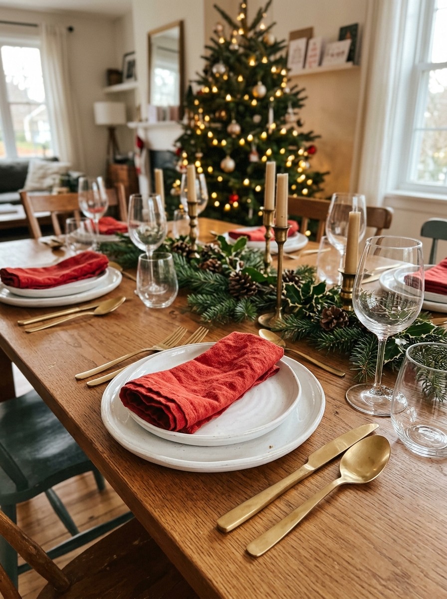 Decoración de mesa de Nochebuena: vajilla blanca con servilletas rojas