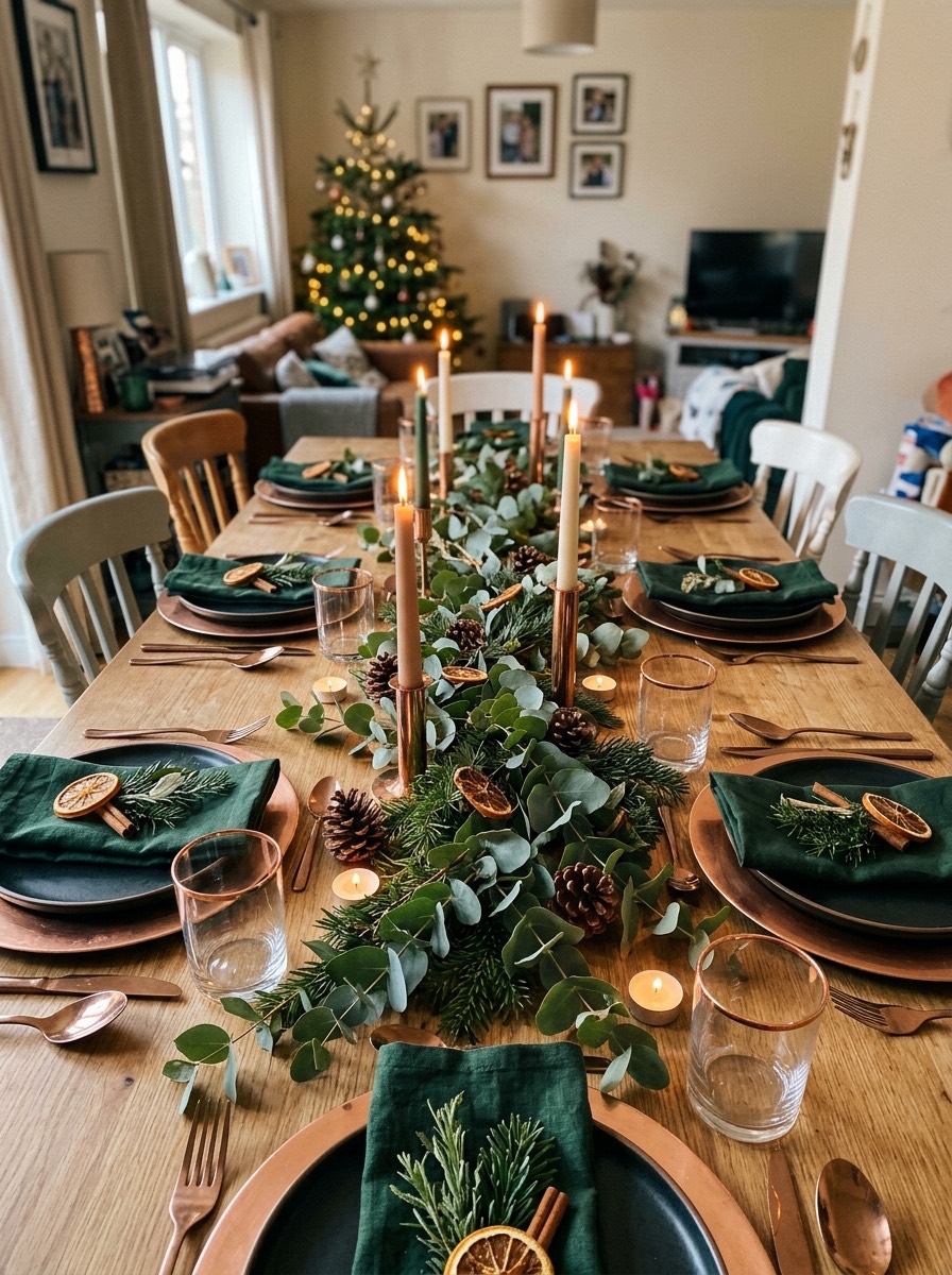Decoración de mesa de Nochebuena: verde y cobre con eucalipto