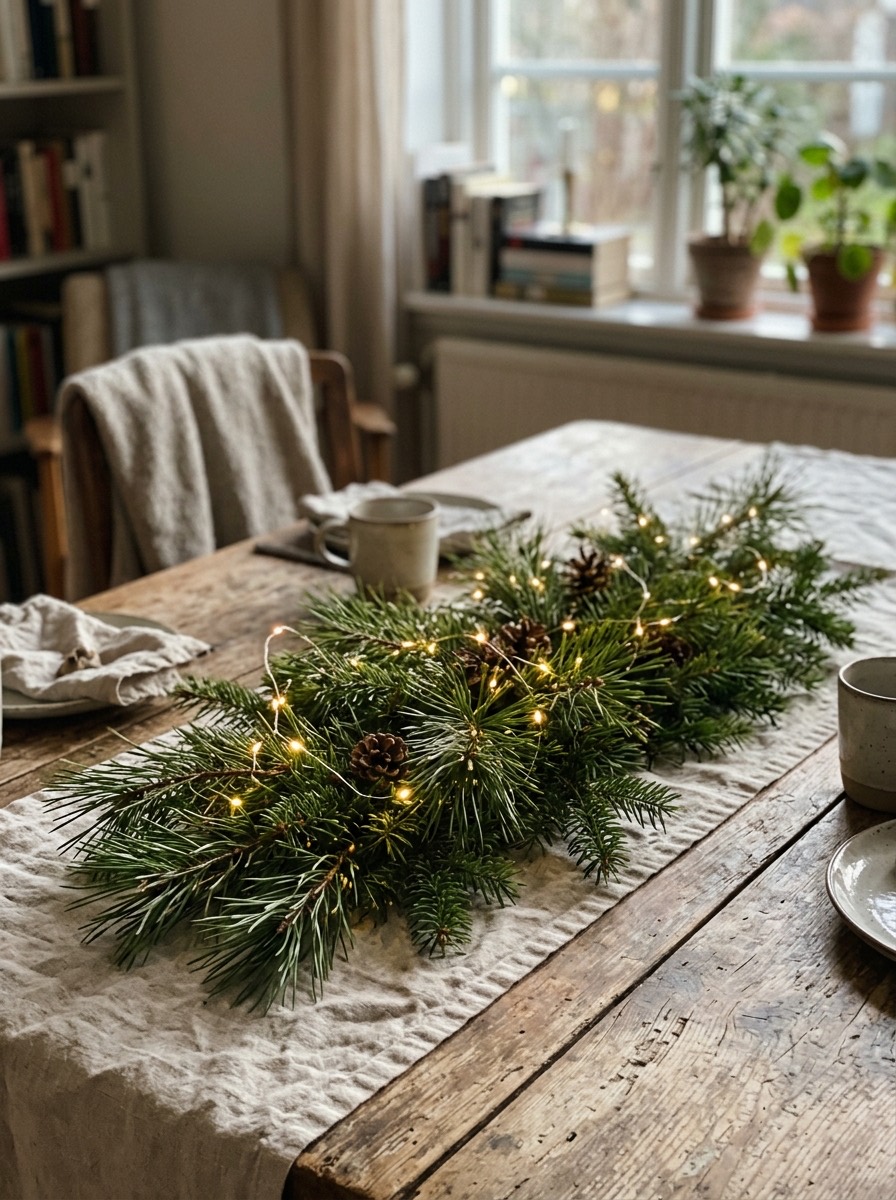 Decoración de mesa de Nochebuena: ramas de pino y luces de hadas