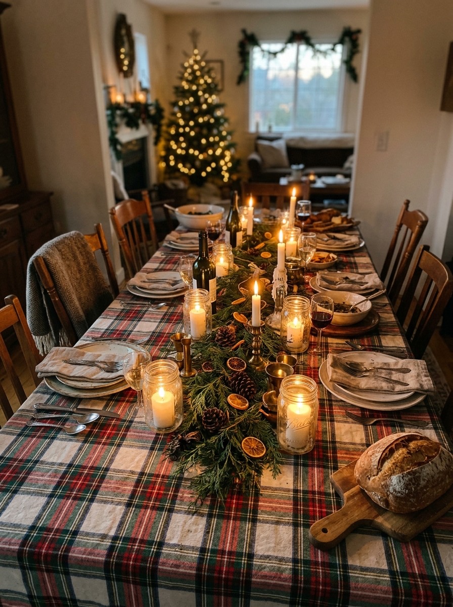 Decoración de mesa de Nochebuena: mesa rústica con velas en frascos