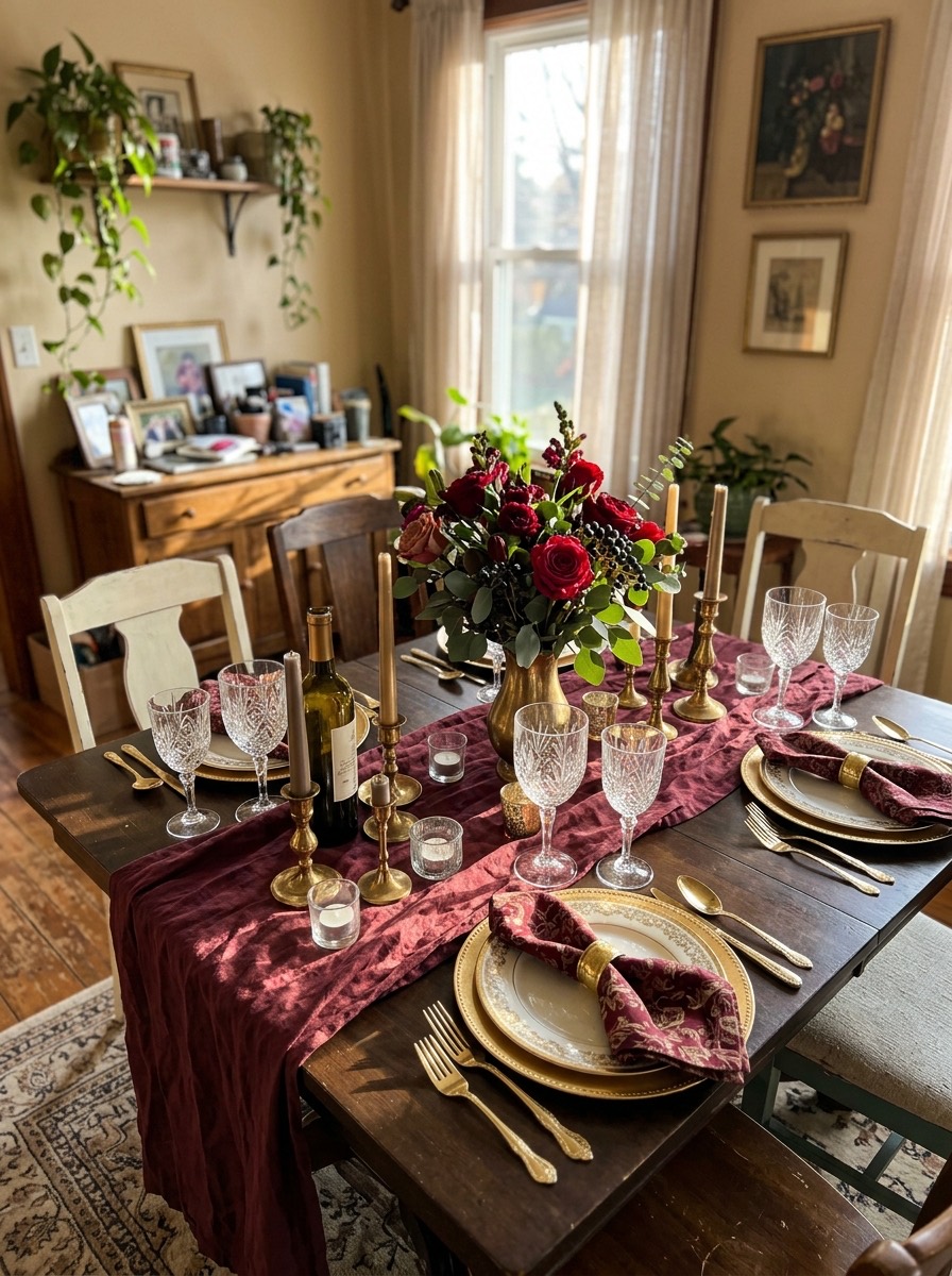 Decoración de mesa de Nochebuena: burdeos y oro