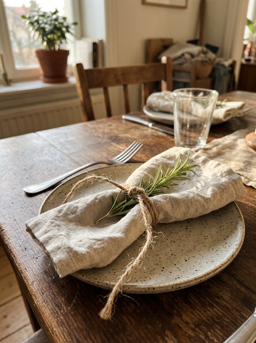 Decoración de mesa de Nochebuena: servilleta con cuerda y romero