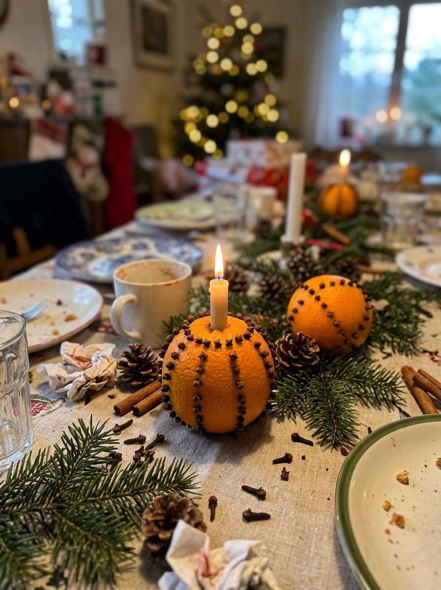 Decoración de mesa de Nochebuena: portavelas con naranjas y clavos