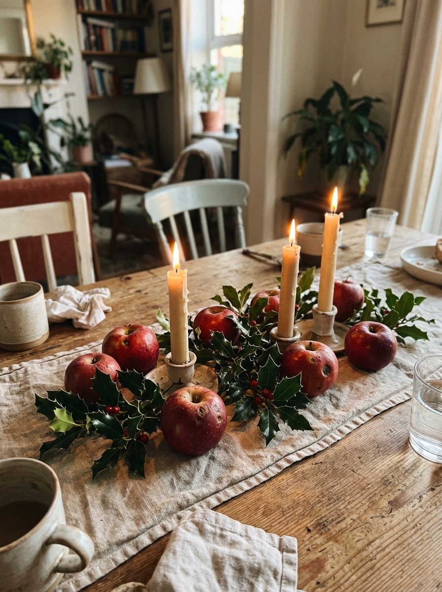 Decoración de mesa de Nochebuena: manzanas rojas, velas y acebo