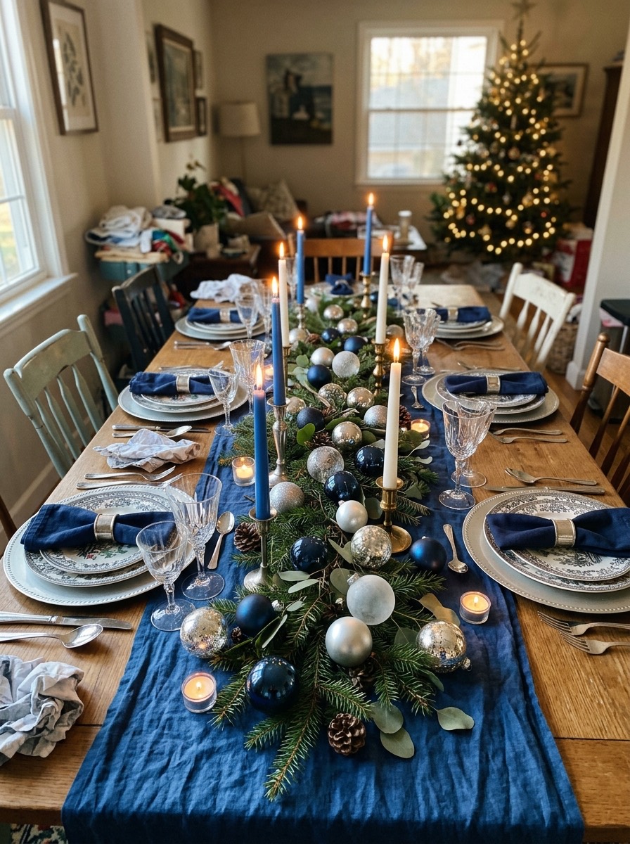 Decoración de mesa de Nochebuena: mesa en azul y plata