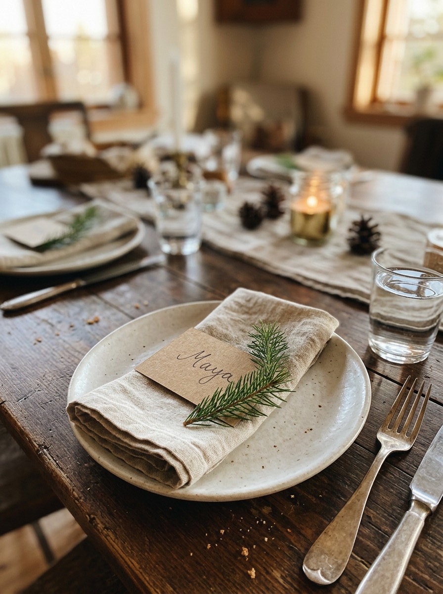 Decoración de mesa de Nochebuena: tarjetas de nombre con ramitas