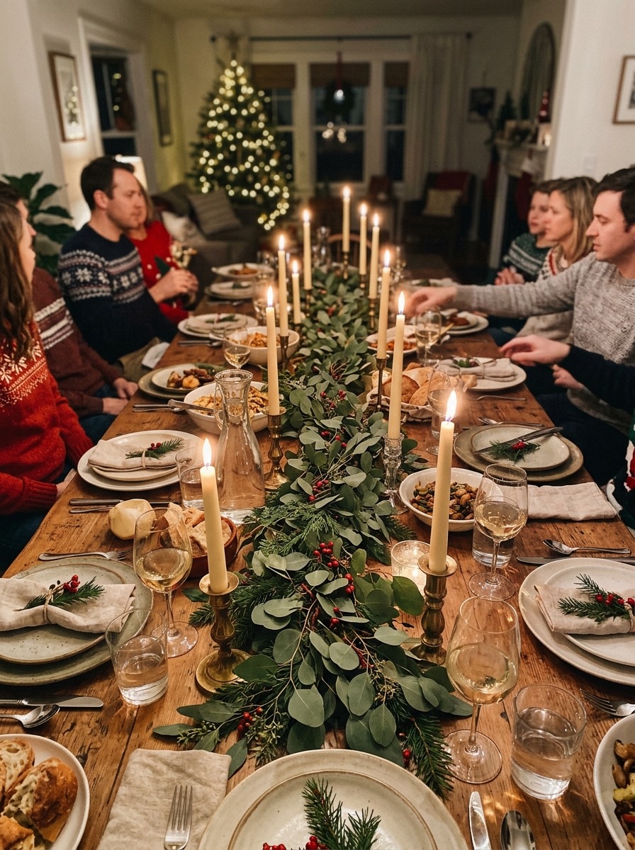 Decoración de mesa de Nochebuena: camino de eucalipto y velas largas