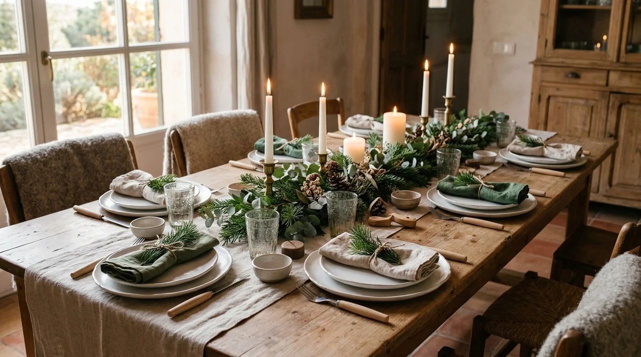 La mesa de Navidad en blanco, madera y verde - Navidad nórdica: 15 ideas con madera clara y tonos naturales