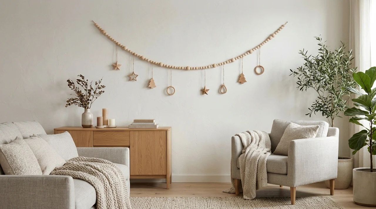 Una guirnalda de madera en la pared - Navidad nórdica: 15 ideas con madera clara y tonos naturales