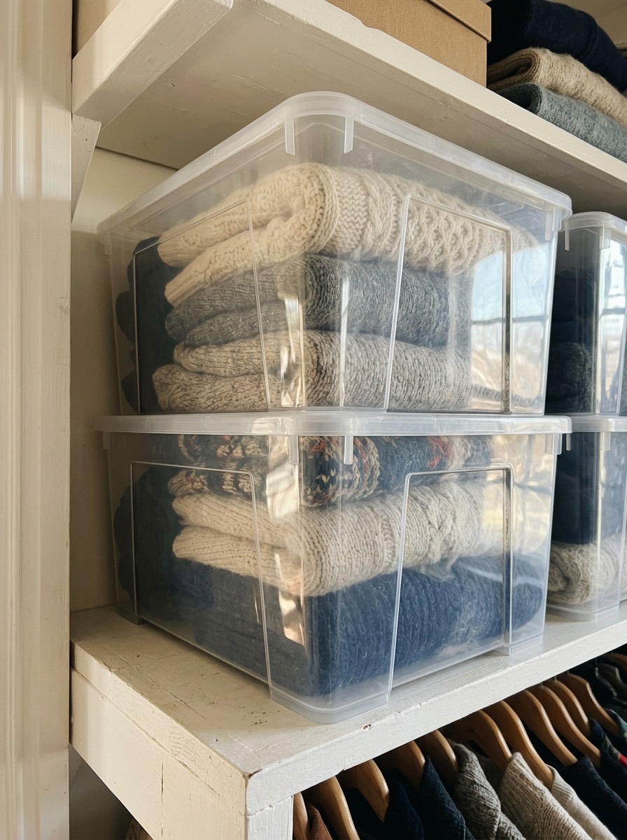Idea para organizar el armario en invierno: cajas transparentes para jerséis