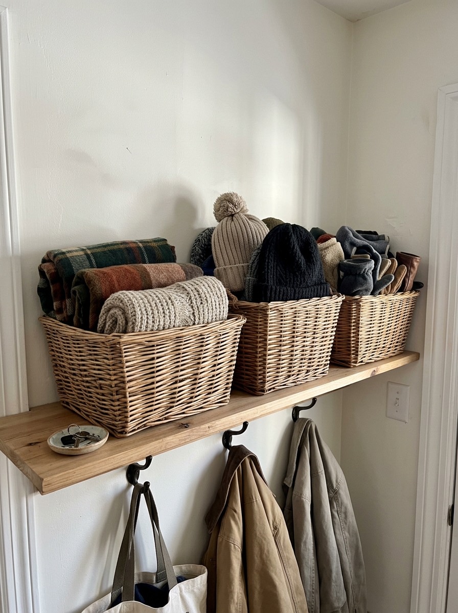 Idea para organizar el armario en invierno: cestas para bufandas, gorros y guantes