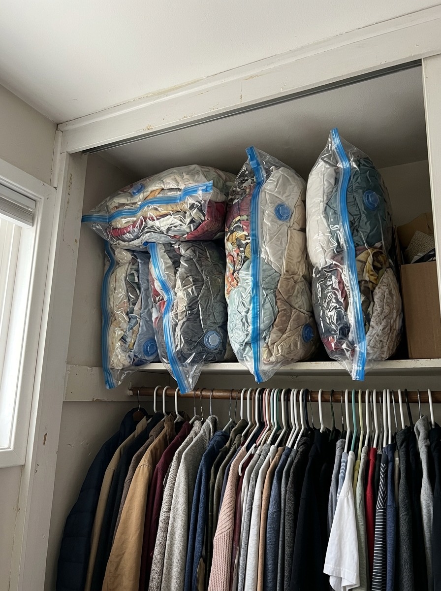 Idea para organizar el armario en invierno: bolsas al vacío para mantas