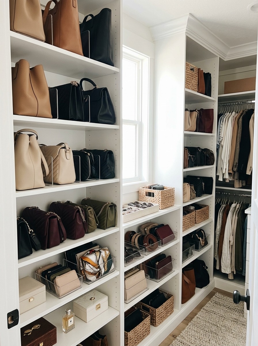 Idea para organizar el armario en invierno: estantes para bolsos y complementos