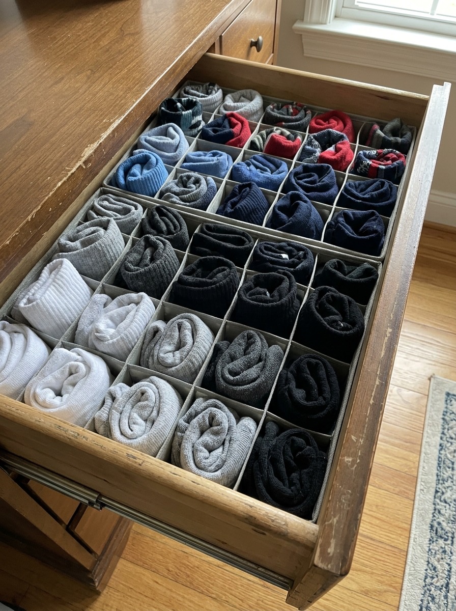 Idea para organizar el armario en invierno: cajón con divisores para calcetines