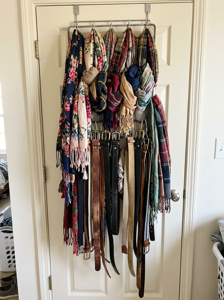 Idea para organizar el armario en invierno: organizador de puerta para cinturones y bufandas