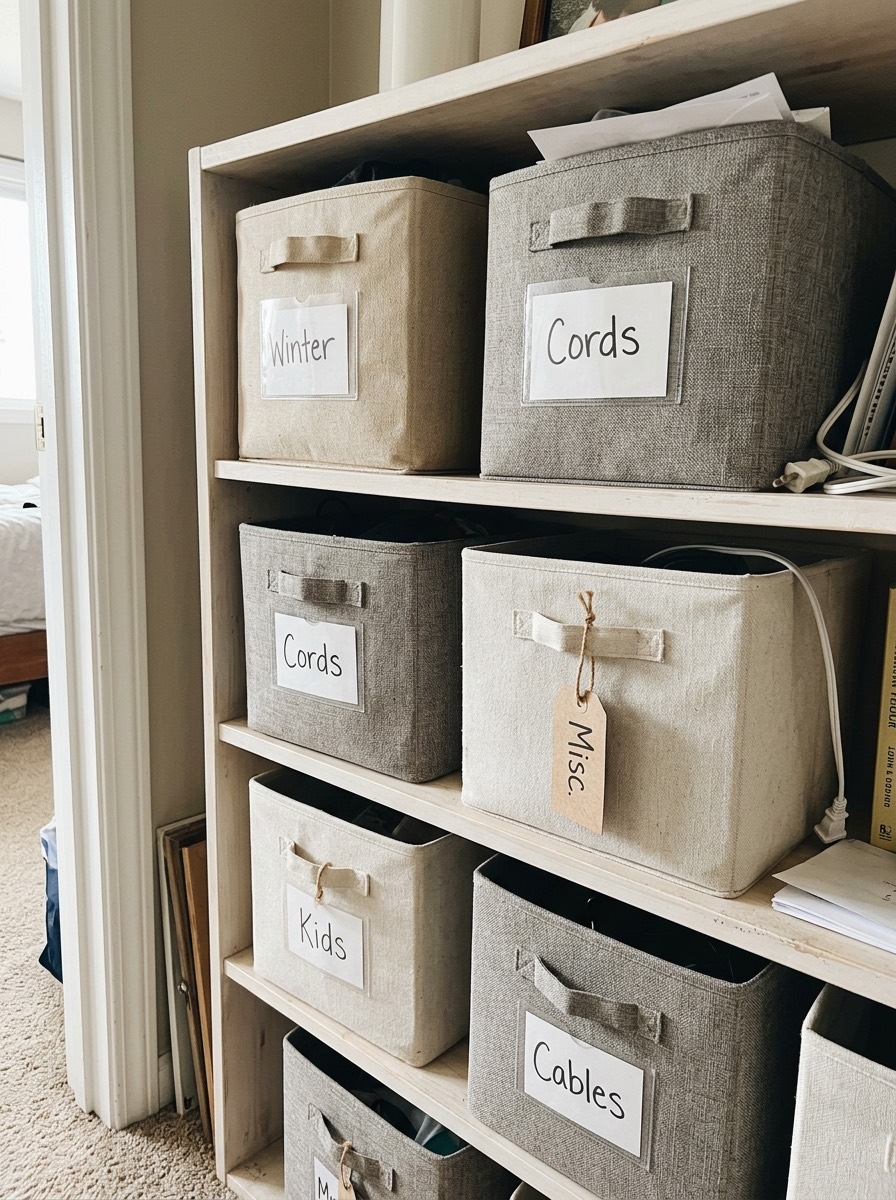 Idea para organizar el armario en invierno: cajas de tela con etiquetas