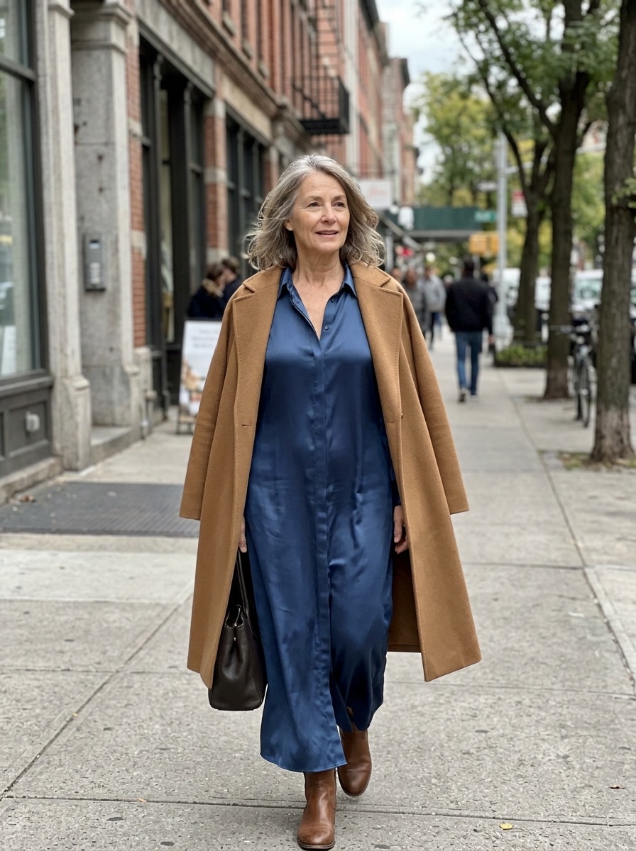 Outfit de fiesta de invierno para mujeres maduras: vestido camisero de satén azul con abrigo camel