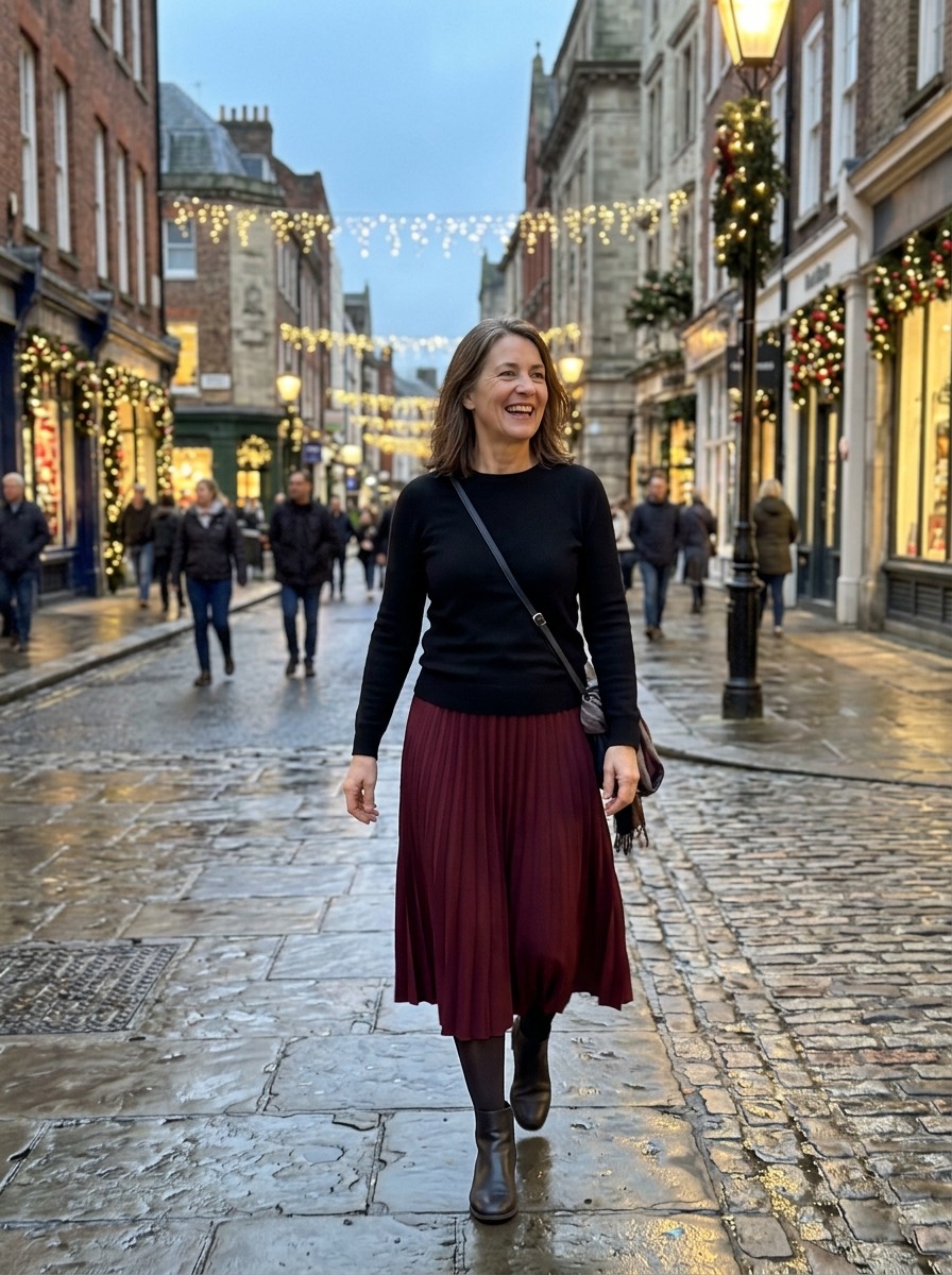 Outfit de fiesta de invierno para mujeres maduras: falda midi plisada burdeos con jersey negro