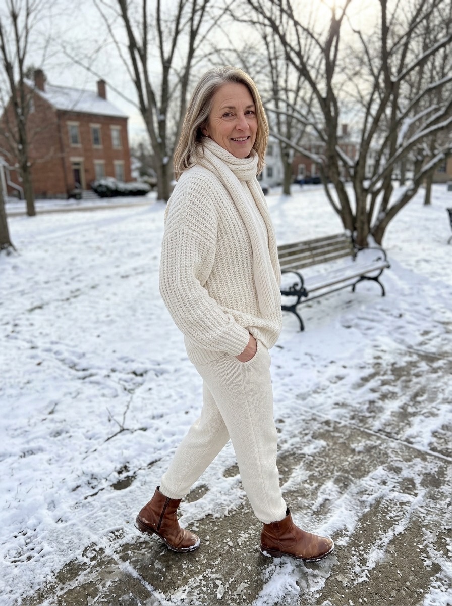 Outfit de fiesta de invierno para mujeres maduras: conjunto de punto crudo con botines