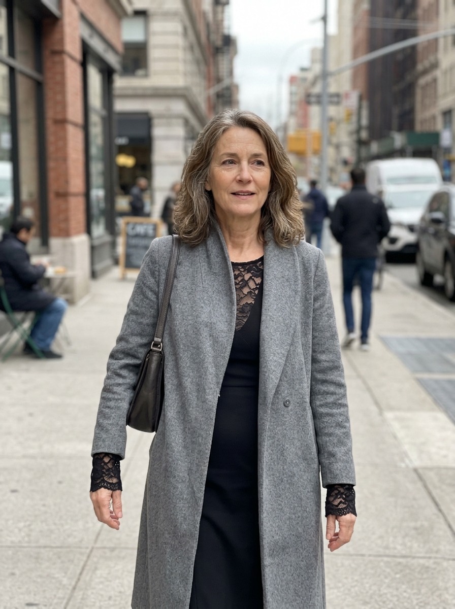 Outfit de fiesta de invierno para mujeres maduras: vestido negro de mangas de encaje con abrigo largo