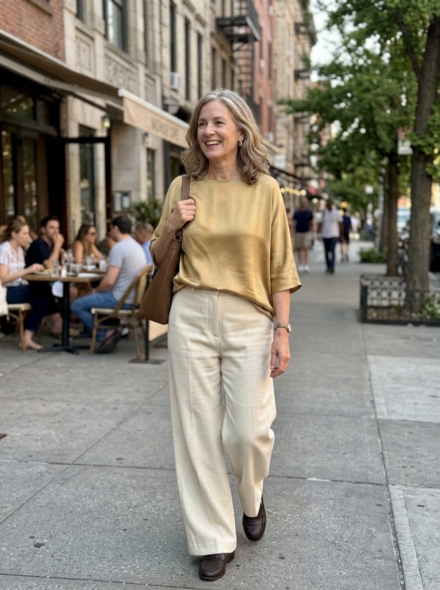 Outfit de fiesta de invierno para mujeres maduras: pantalón ancho de lana con top de seda dorado