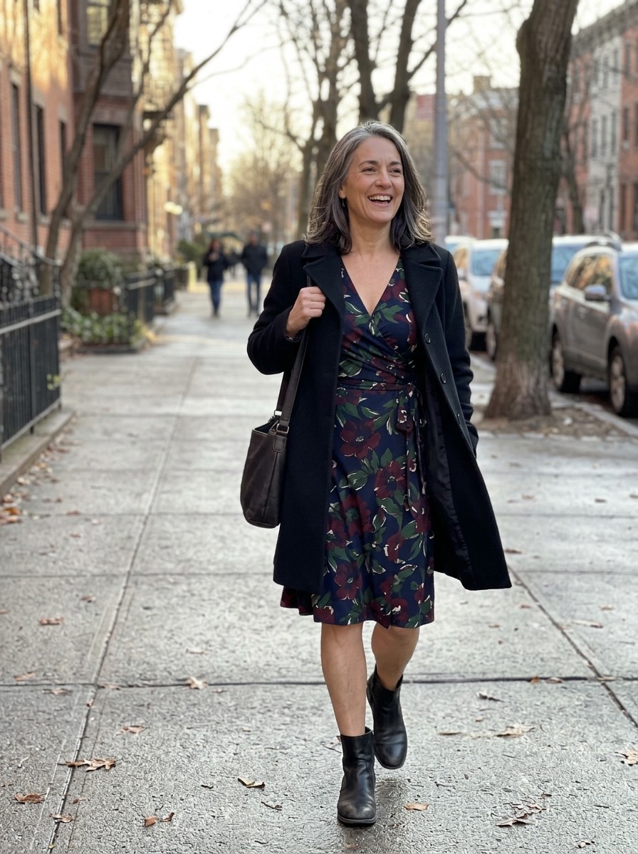 Outfit de fiesta de invierno para mujeres maduras: vestido envolvente estampado con botas negras