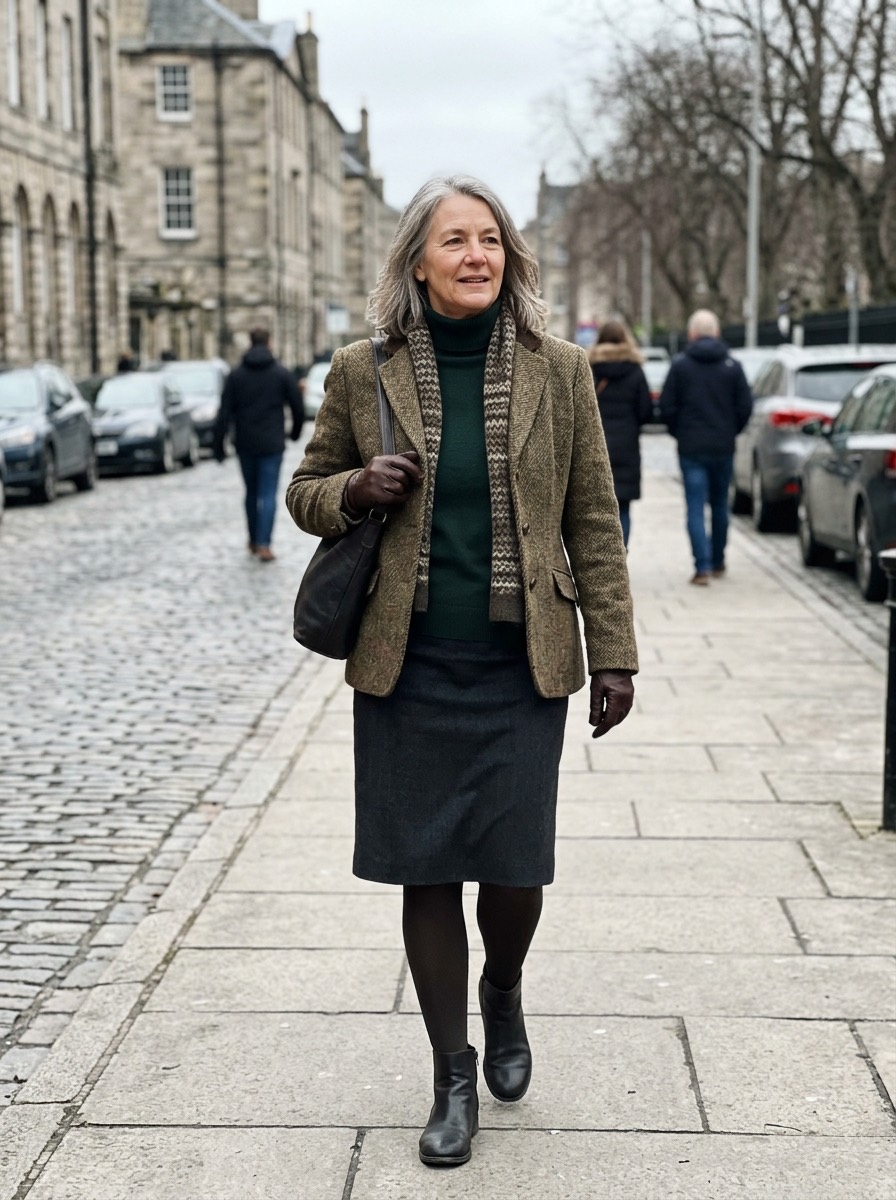 Outfit de fiesta de invierno para mujeres maduras: chaqueta de tweed con falda recta